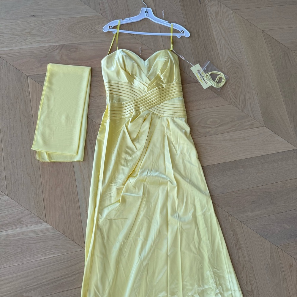 NEW Elegant Yellow Satin Formal Dress with Matching Sash